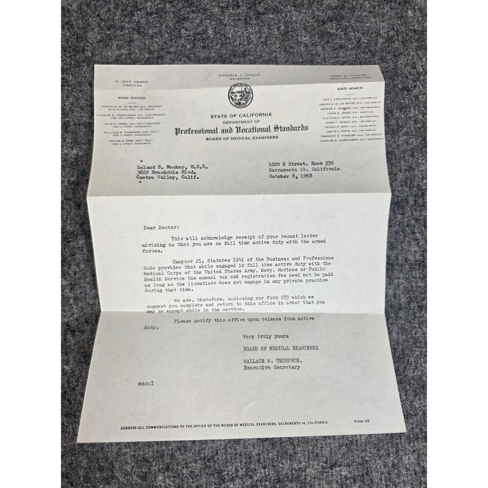 1958 California Board of Medical Examiners Official Letter Signed by Exec. Sec.